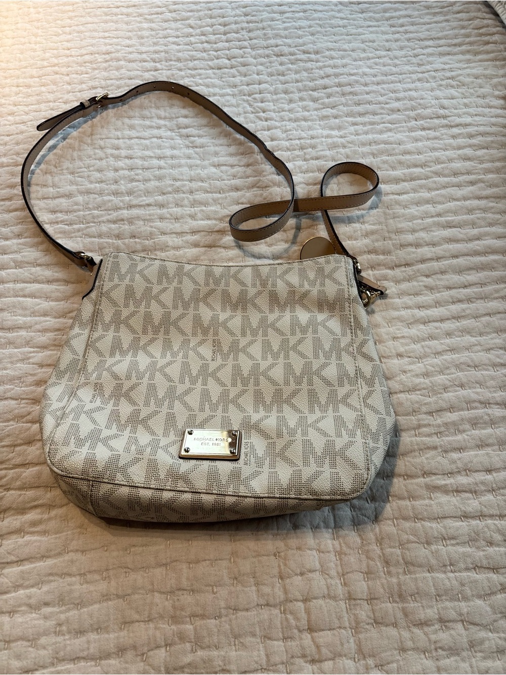 Michael Kors Cream and Tan MK Logo Crossbody Bag